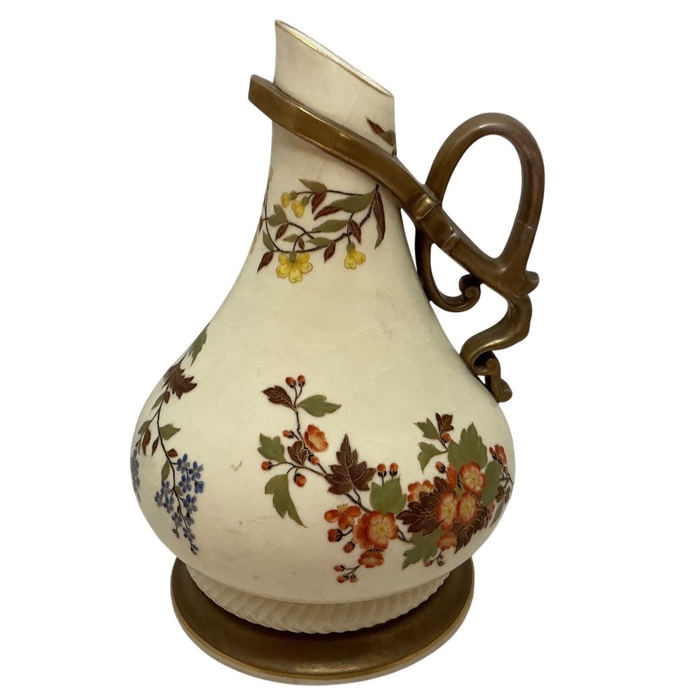 Carlsbad Vintage Porcelain Pitcher Floral Gold Handle Art Nouveau Vase 12.5in